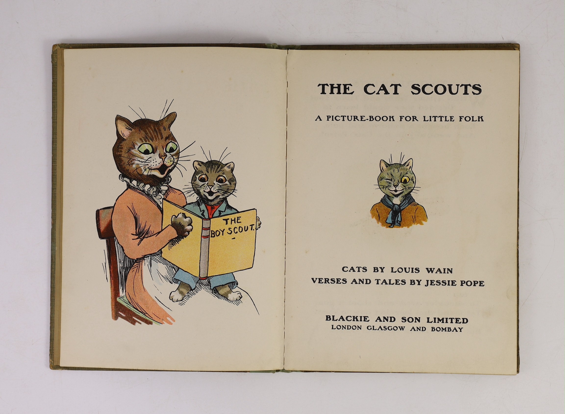 Pope, Jessie - The Cat Scouts, 1st edition, illustrated with 8 colour by Louis Wain, 4to, original half cloth, Blackie and Son Limited, London, [1912]